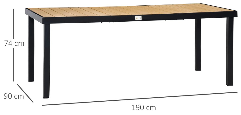 Mesa de Jardim Retangular Mesa de Exterior para 8 Pessoas com Bancada de Ripas e Estrutura de Alumínio para Terraço Balcão 190x90x74cm Natural e Preto