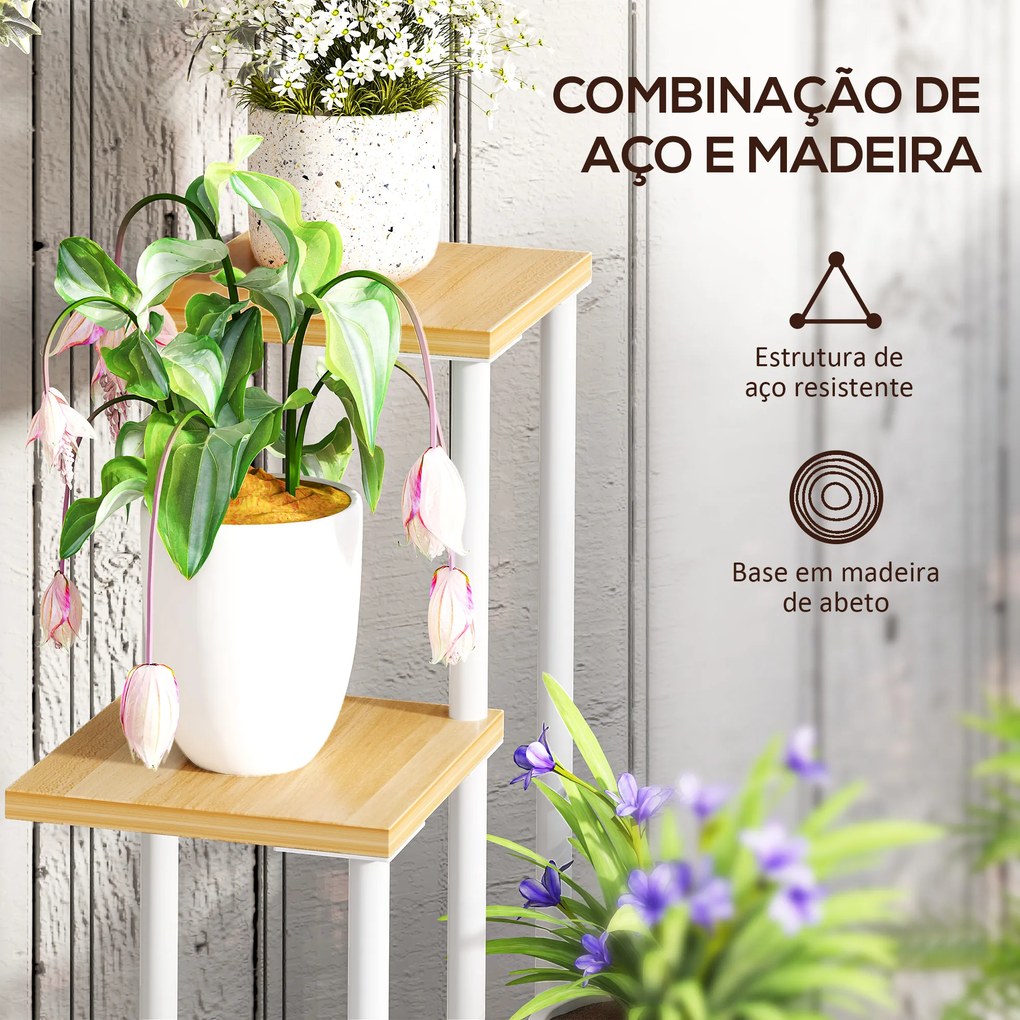 Suporte para Plantas de 4 Níveis de Madeira e Aço para Interior e Exterior 53x42x85 cm Madeira e Branco