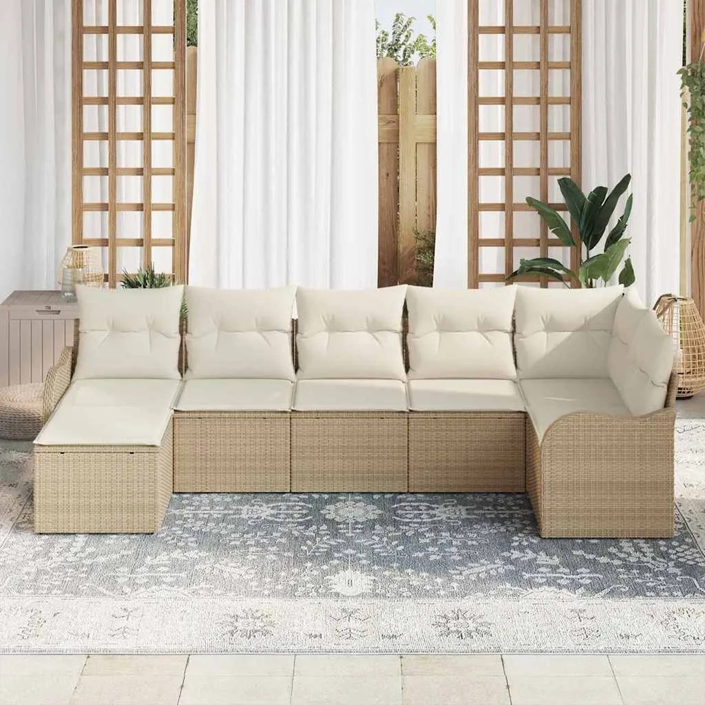 Conjunto de Sofá de Jardim vidaXL 7 Peças com Almofadas Bege Rattan Po