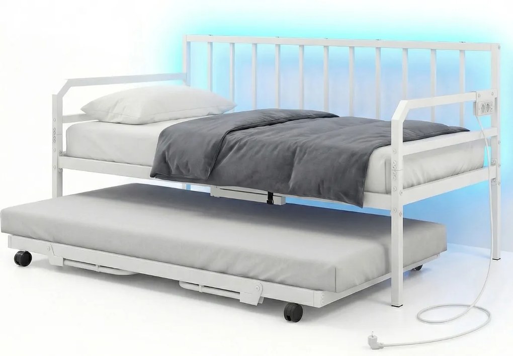 Sofá-cama individual com luzes LED205 x 90 x 96,5 cm (COLCHÕES NÃO INCLUIDOS), base metálica e cama extra extraível, estação de carregamento integrada