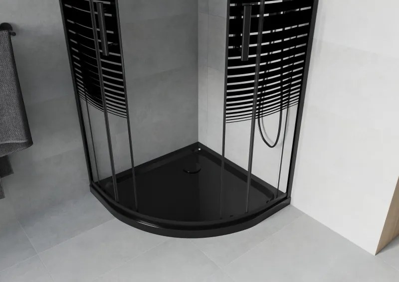 Mexen Rio cabine de duche semicircular 80 x 80 cm, faixas pretas, preto + base de duche Flat, preto - 863-080-080-70-20-4170B