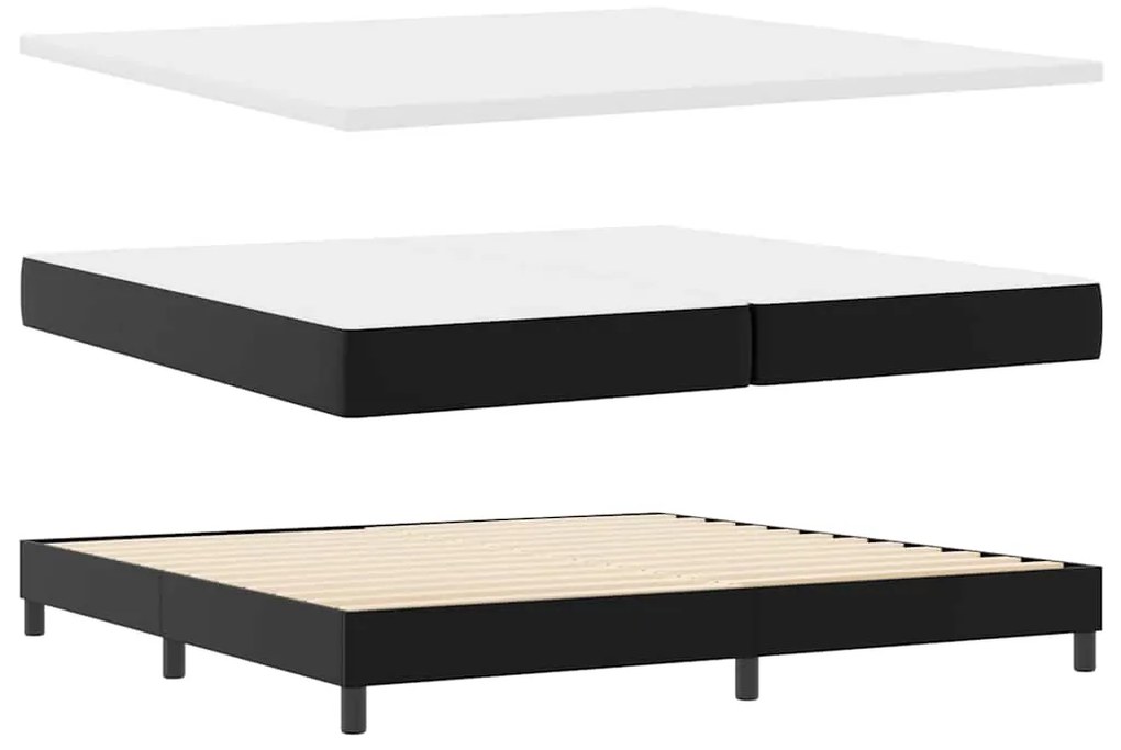 Cama Box Spring preta com colchão, 200 x 200 cm, em couro sintético.