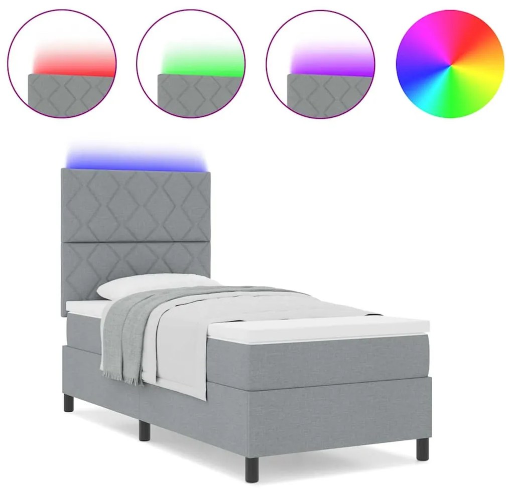 Cama Box com Colchão e Luz LED , Cinza Claro, 90 x 190 cm, Tecido