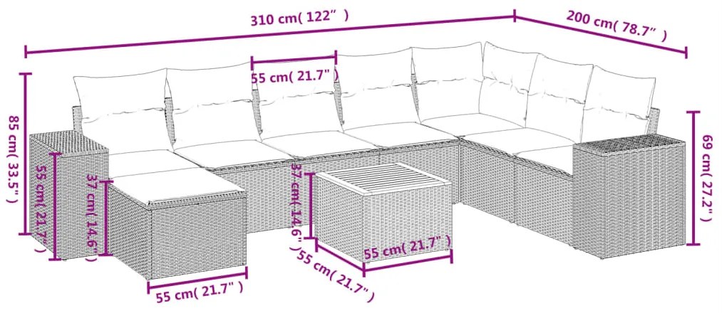 9 pcs conjunto de sofás p/ jardim com almofadões vime PE bege
