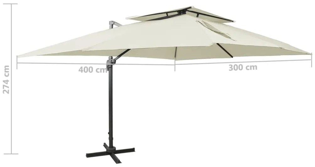 Guarda-sol de jardim cantilever c/ toldo duplo 400x300 cm areia