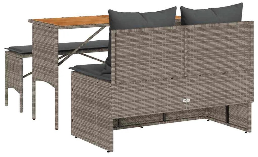 3 pcs conjunto de jantar p/ jardim c/ almofadões vime PE cinza