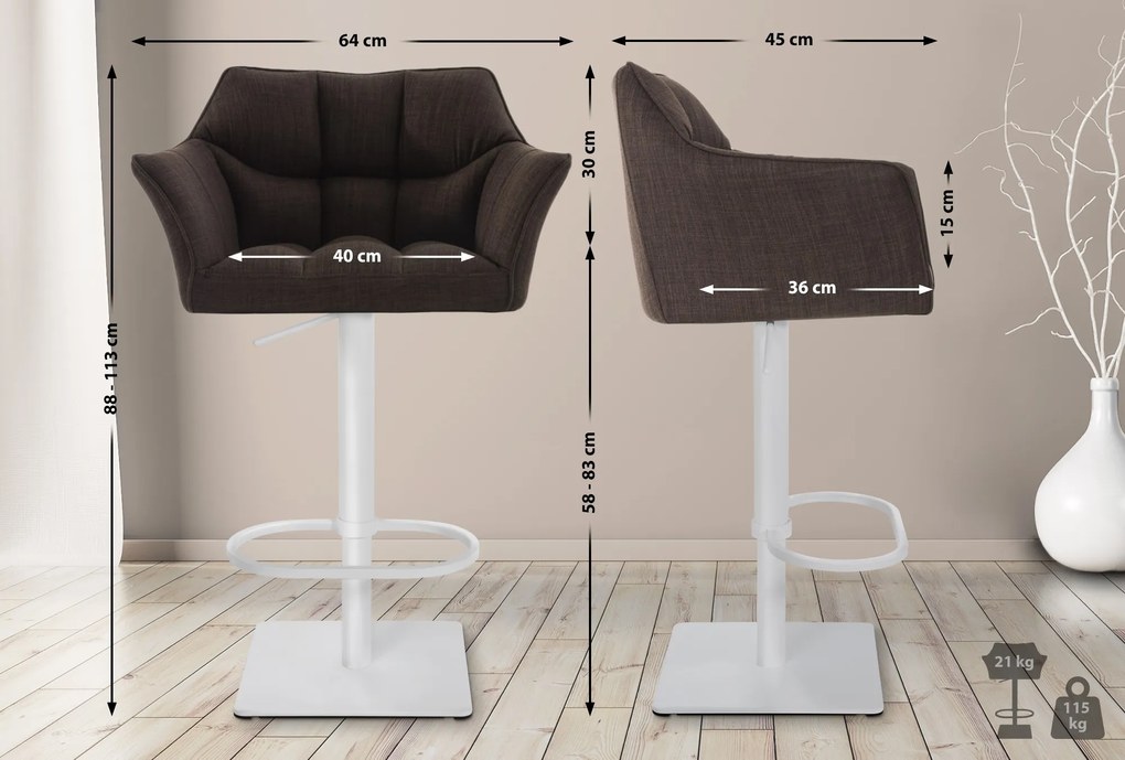 Banco de bar Damaso em tecido e com estrutura branca 64 x 88-113 x 45 cm Castanho