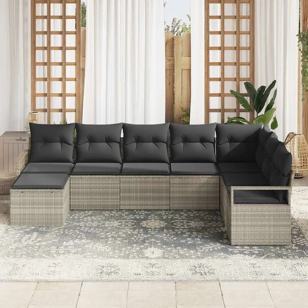 Conjunto de sofá de jardim com 7 peças e almofadas cinza claro em ratt