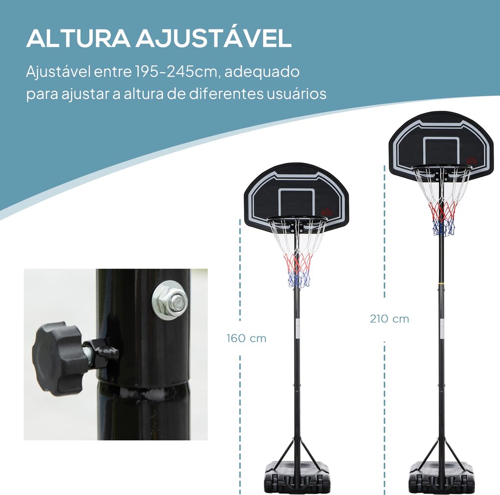 Cesto de Basquetebol para Exterior Altura Ajustável 160-210 cm com Rodas e Base Preenchível 76x48x254 cm Preto