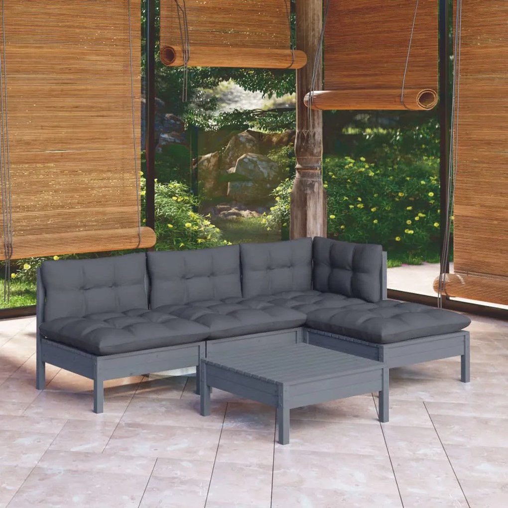 vidaXL 5 pcs conjunto lounge de jardim c/ almofadões pinho maciço