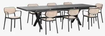 Conjunto De Mesa Retangular Extensível Karena 240-300x100 Cm E 8 Cadeiras De Jantar Empilháveis Com Apoios De Braços Omara Cinza Grafito - Sklum