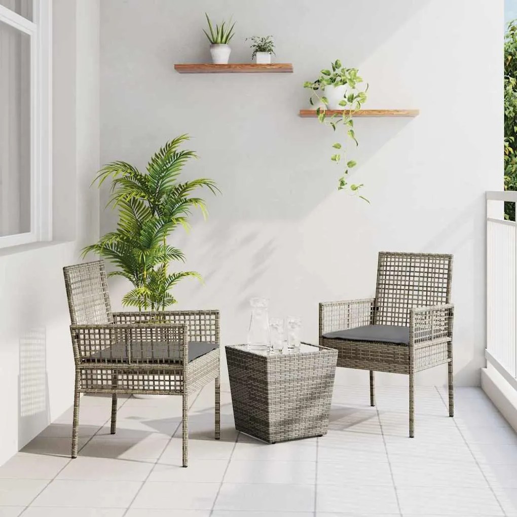 Conjunto de Bistro de Jardim 3 Peças com Almofadas Cinza Vime Poly