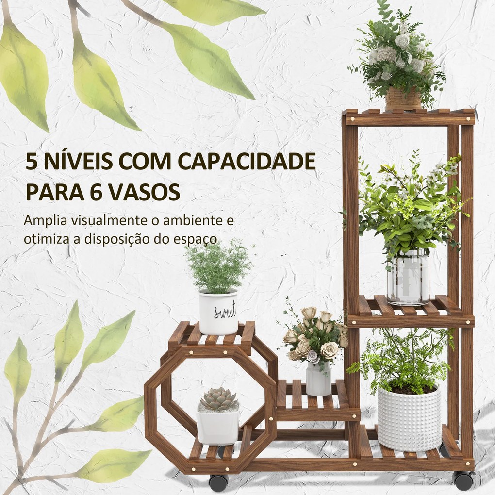 Estante para Vasos de 5 Níveis Suporte para Vasos de Plantas de Madeira Suporte para Planta 86x30x102 cm Castanho Carbonizado