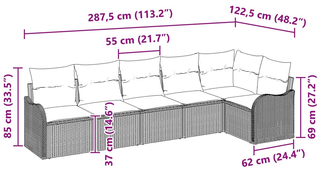 Conjunto de Sofá de Jardim vidaXL 6 Peças com Almofadas Preto Rattan P