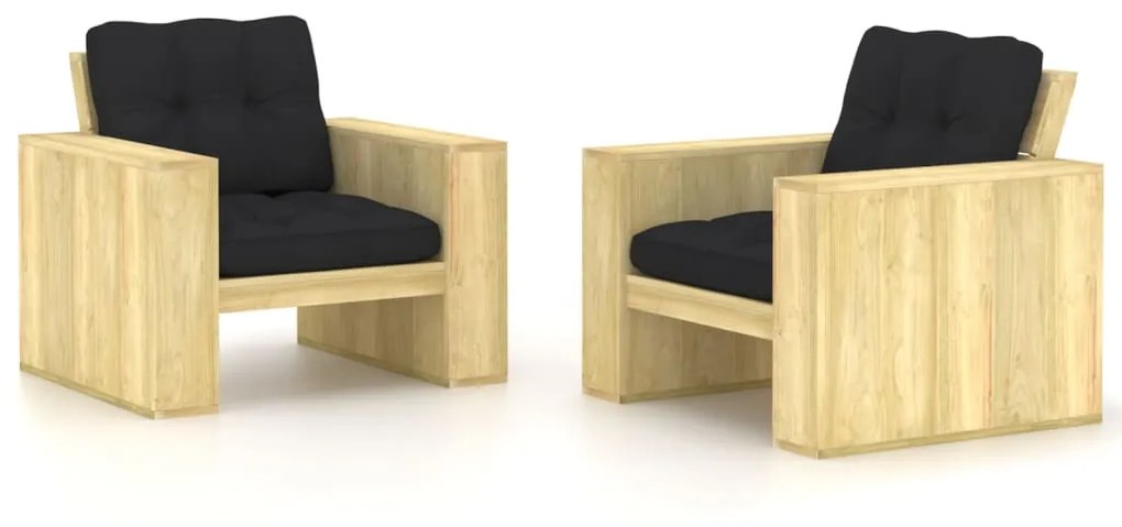 vidaXL Cadeiras de jardim 2 pcs c/ almofadões pretos pinho impregnado