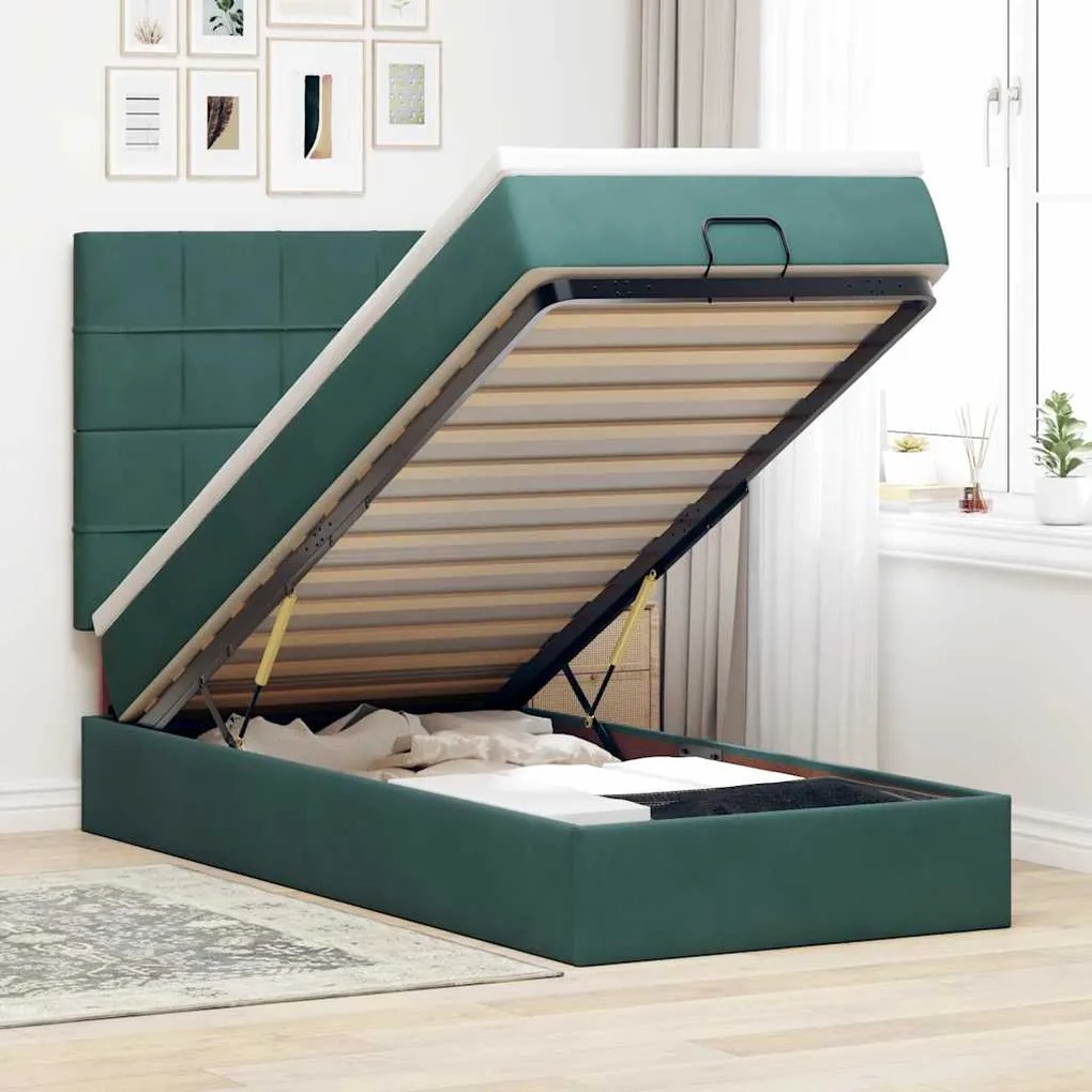 vidaXL Estrutura cama otomana colchões 90x190cm veludo verde escuro