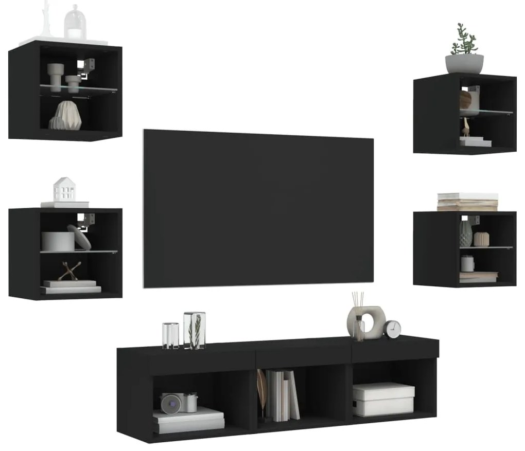 7pcs móveis de parede p/ TV c/ LEDs derivados de madeira preto