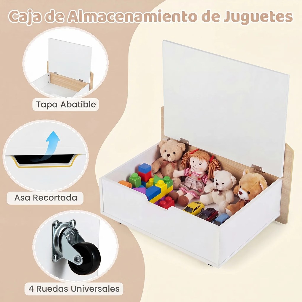 Secretária Infantil, 89,5 x 40 x 45 cm, Caixa de Arrumação com Rodas, Natural+Branco