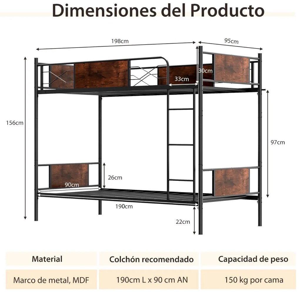 Beliche de metal Cama convertível 2 em 1 para 2 pessoas e corrimão de segurança de 30 cm com dispositivo anti-tombo 198 x 95 x 156 cm