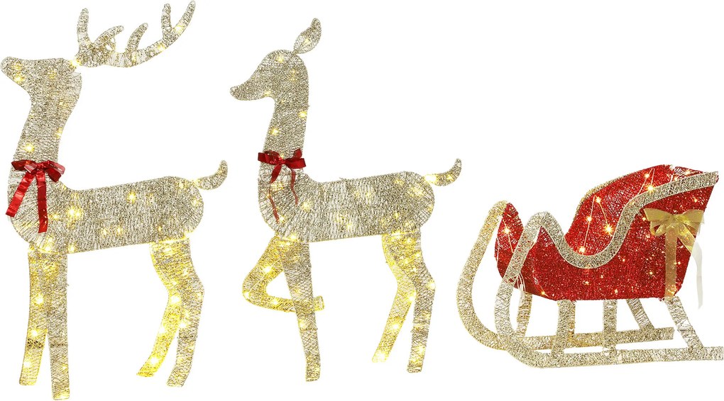Conjunto de 3 Peças com Renas de Natal Iluminadas, 200 LED Branco Quente, 8 Modos e Temporizador Diário