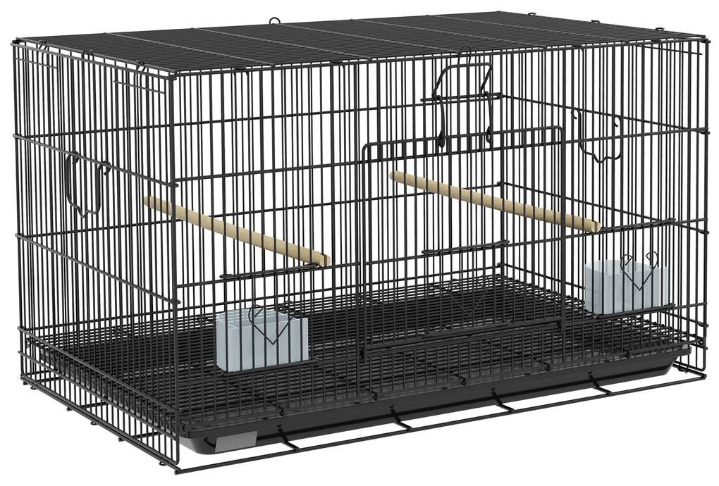 PawHut Gaiola para Pássaros 77x46x45 cm Gaiola de Metal para Pássaros com Bandeja Amovível 2 Poleiros e 2 Comedouros Preto
