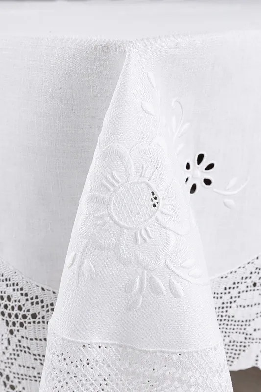 180x350 cm - Toalha de mesa de linho bordada C/ crochê a mão