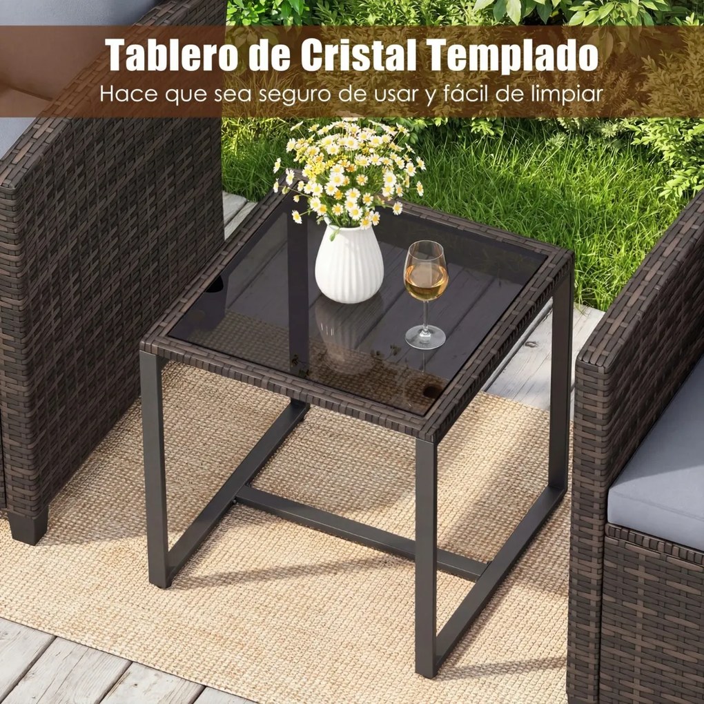 Conjunto de 3 móveis de rattan para jardim, com 2 cadeiras, mesa de vidro e almofadas pretas com capas removíveis, para jardim, terraço ou piscina Cas
