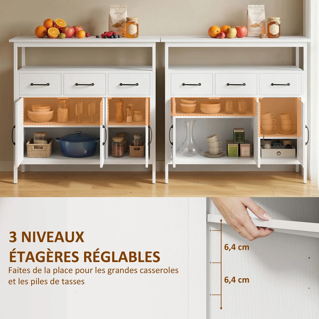Aparador de cozinha 95 x 35 x 88 cm, móvel de arrumação, 3 portas, 3 gavetas, compartimento aberto e prateleiras ajustáveis, branco