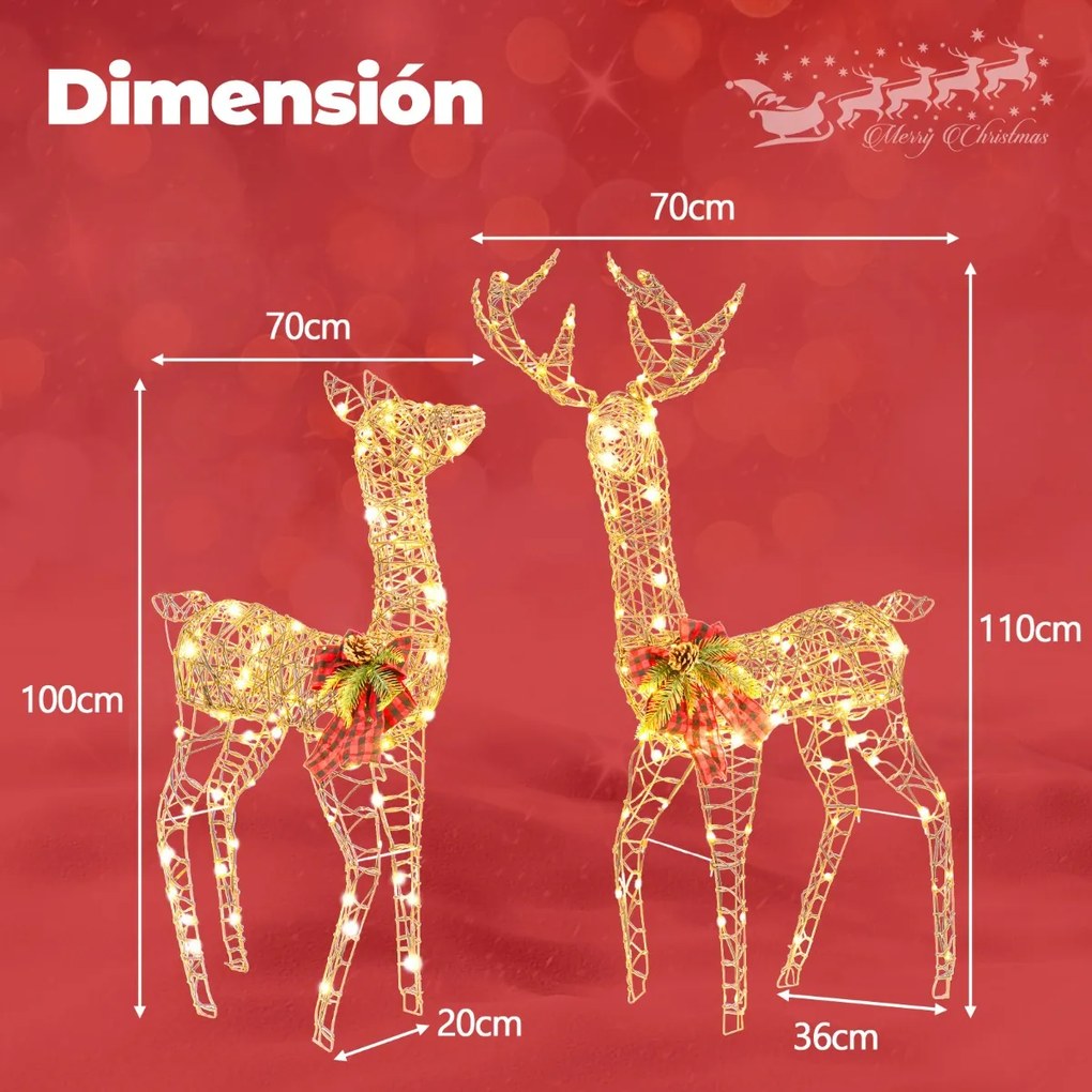 Decoração de Natal pré-iluminada com 2 Renas iluminados e 200 luzes LED para festas em casa