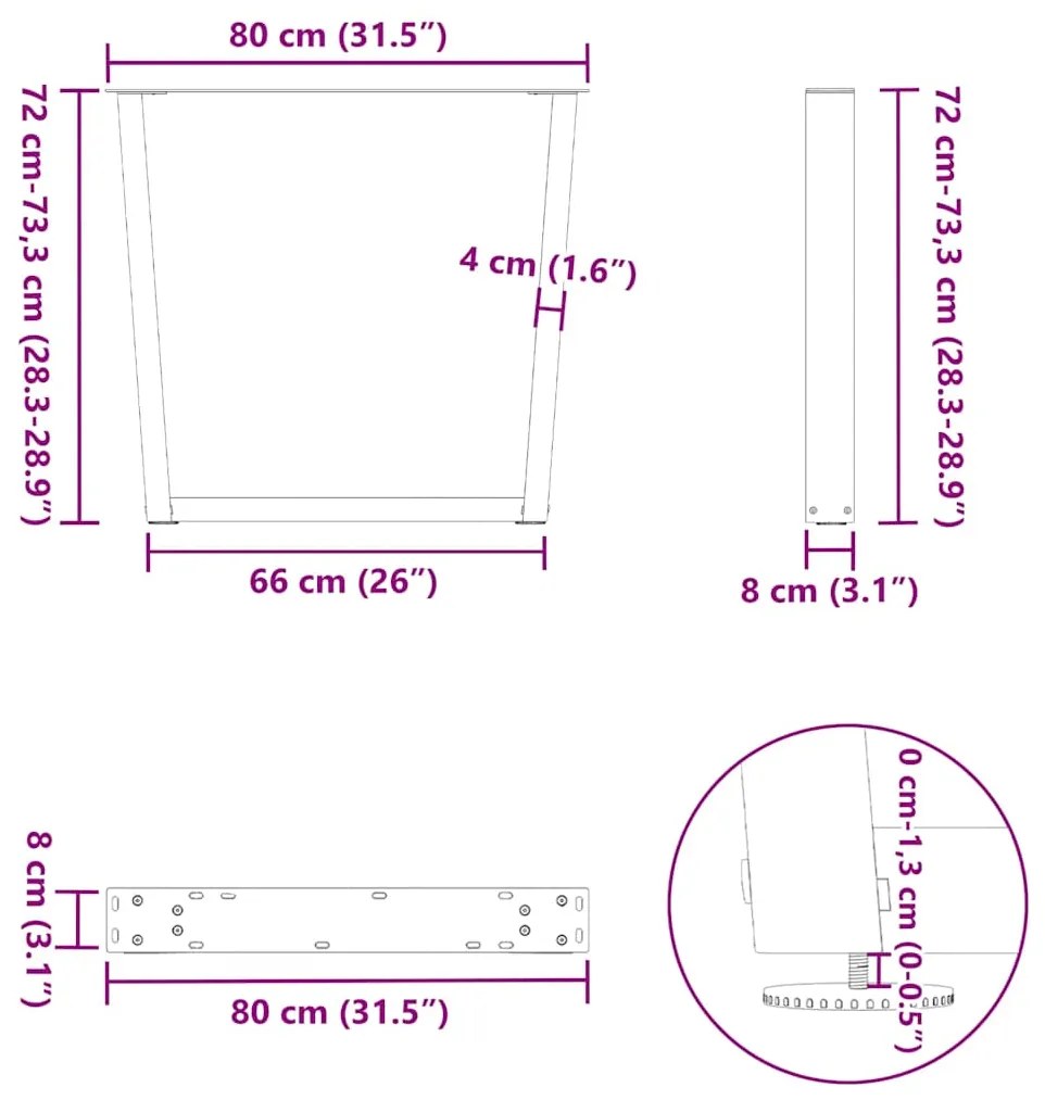 Pés para mesa de jantar em forma de V, 3 peças, antracite, 80x(72-73,3