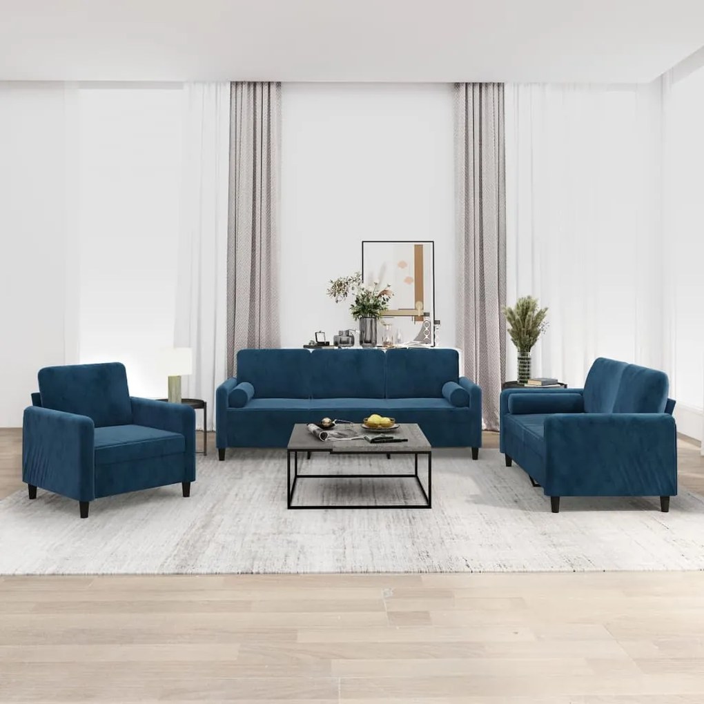 vidaXL 3 pcs conjunto sofás c/ almofadas/almofadões veludo azul