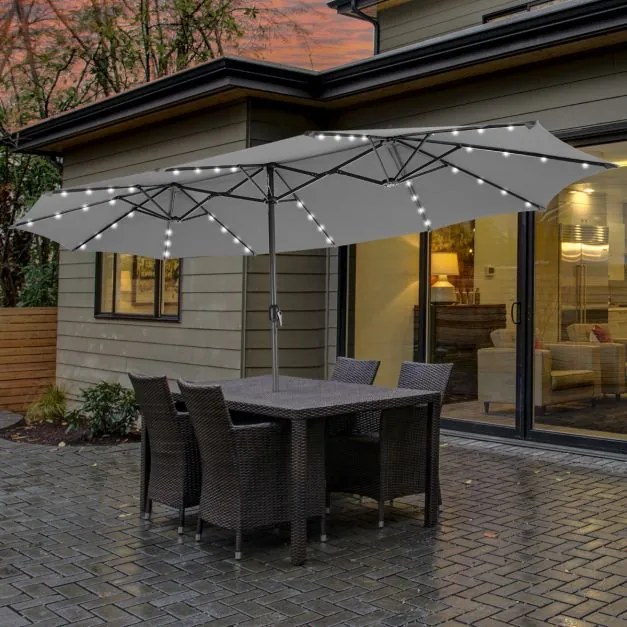 Guarda-sol Jardim dupla face de 470 cm com 48 luzes LED Painel solar de carregamento automático Sistema de manivela Cinzento