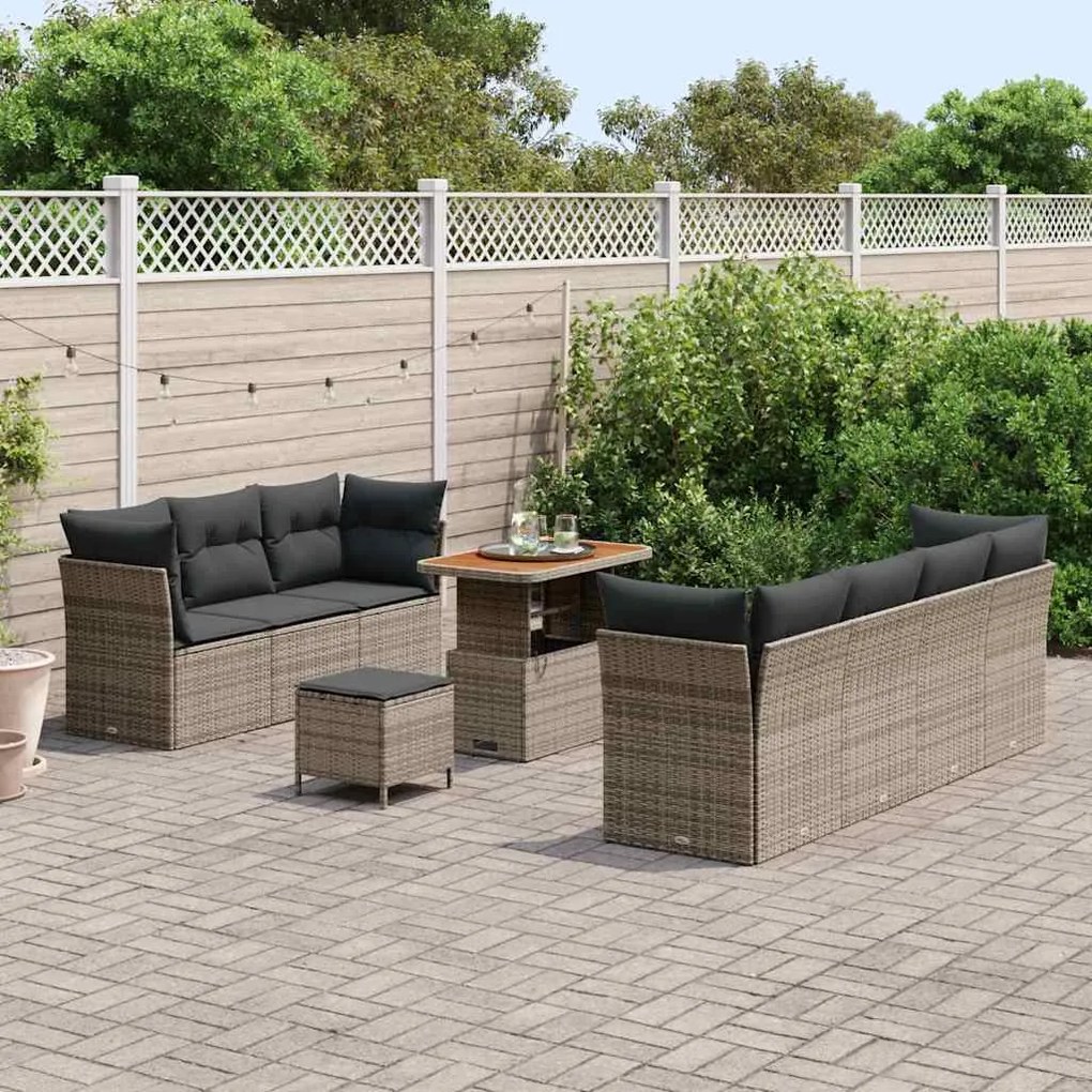Conjunto de Sofás de Jardim 10 Peças com Almofadas Cinza Polirattan Ac