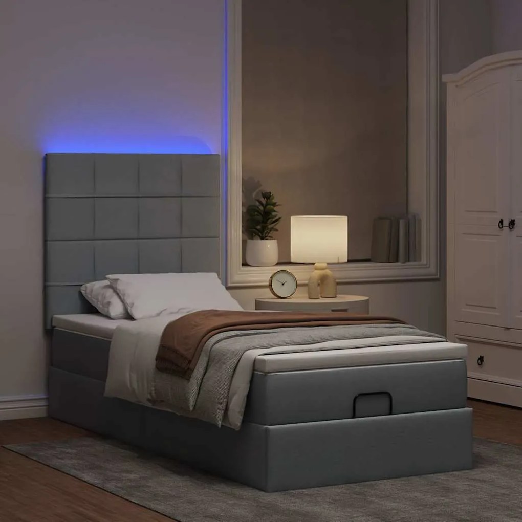 Cama Otomana com colchão & LEDs 90x200 cm tecido cinzento claro