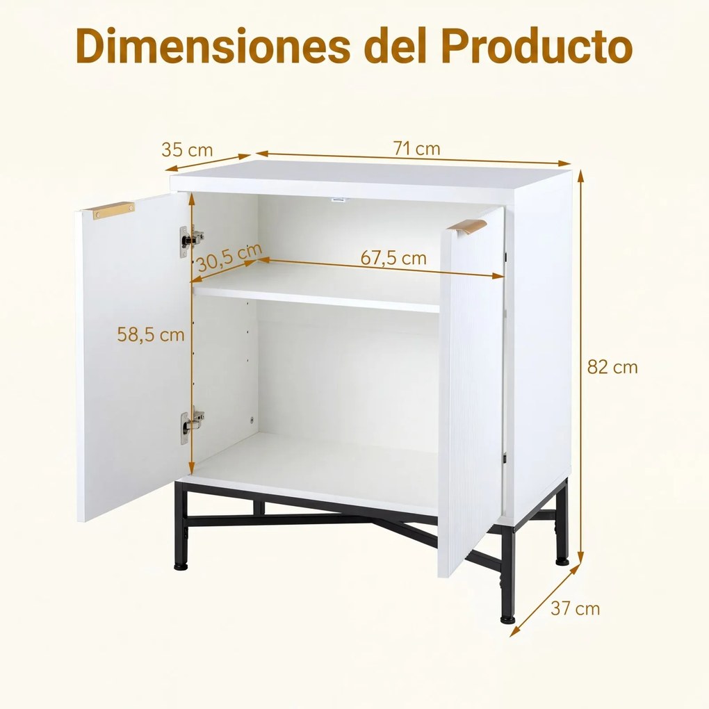 Aparador de 2 Portas, 71 x 35 x 82 cm, Prateleira Ajustável em 5 Níveis, Branco