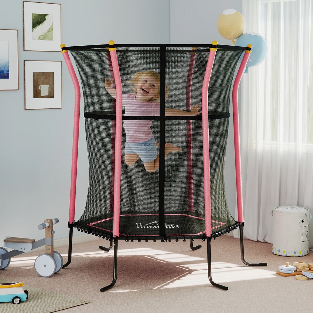 Cama elástica para crianças Ø 1,63 x 1,9 m com rede de segurança, porta com fecho de correr e 6 postes almofadados incluídos, rosa e preto