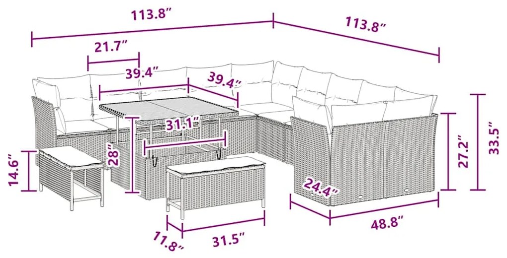 Conjunto de Sofá de Jardim com 13 Peças e Almofadas Pretas em Rattan P