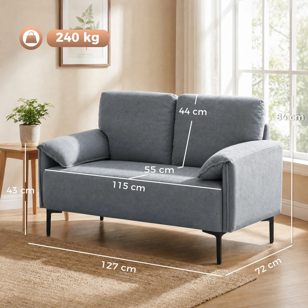 Sofá de 2 lugares pequeno 127 x 72 x 84 cm, sofá de sala estofado com braços acolchoados, efeito veludo, cinzento