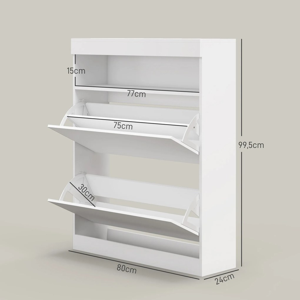 Móvel Sapateira de Entrada com Luzes LED Prateleira Aberta e 2 Gavetas Basculantes para 12-16 Pares 80x24x99,5 cm Branco Brilhante