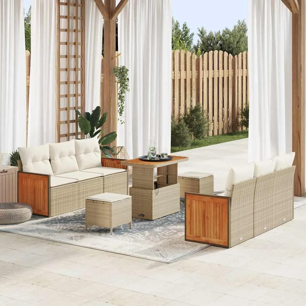 Conjunto de Sofá de Jardim Modular de 9 Peças com Almofadas Bege Ratta