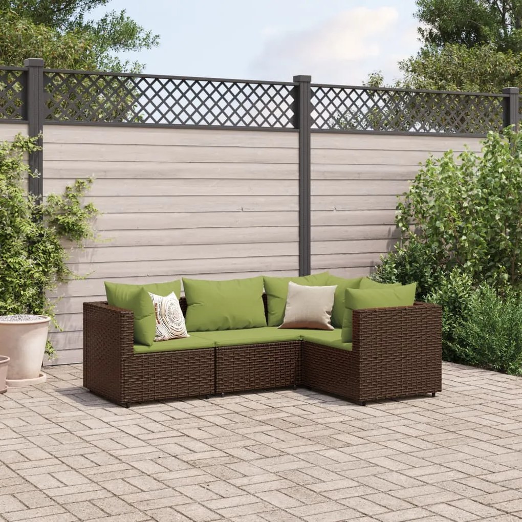 4 pcs conjunto lounge jardim c/ almofadões vime PE castanho