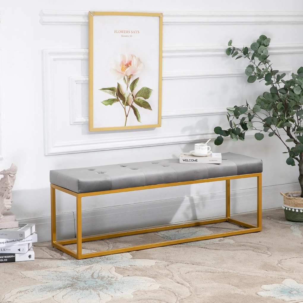 HOMCOM Banco multifuncional Banco de pés com assento acolchoado e pernas metálicas 120x35x42 cm cinza e dourado