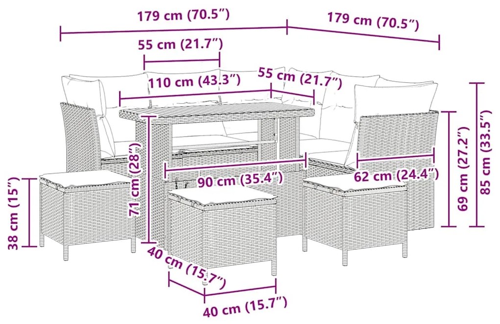 Conjunto de Sofás de Jardim com 9 Peças e Almofadas Cinza em Rattan Si