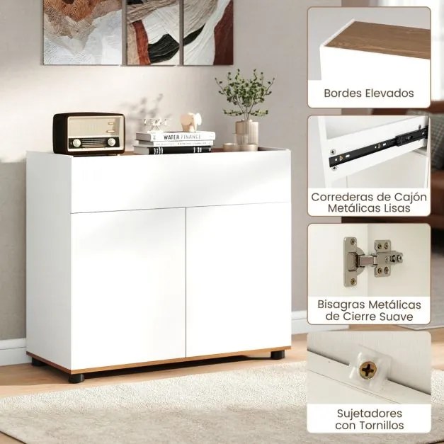 Aparador, armário de Cozinha 80 × 35 × 70 cm com arrumação em madeira com 1 gaveta e 2 portas Credenza estilo moderno rústico Branco