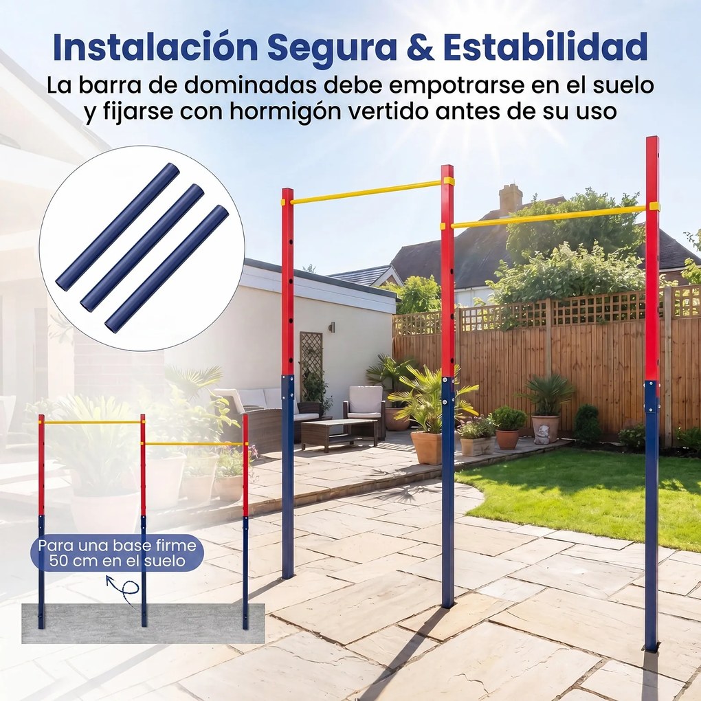 Barra de Elevações Dupla para Exterior, 227 x 5 x 231,5 cm, Altura Regulável em 5 Posições, Vermelho
