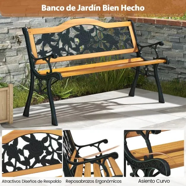 Banco de Jardim com Estrutura Metálica 127,5 cm Fundida e Assento de Madeira Banco Ergonómico para 3 Pessoas para Jardim Pátio Terraço