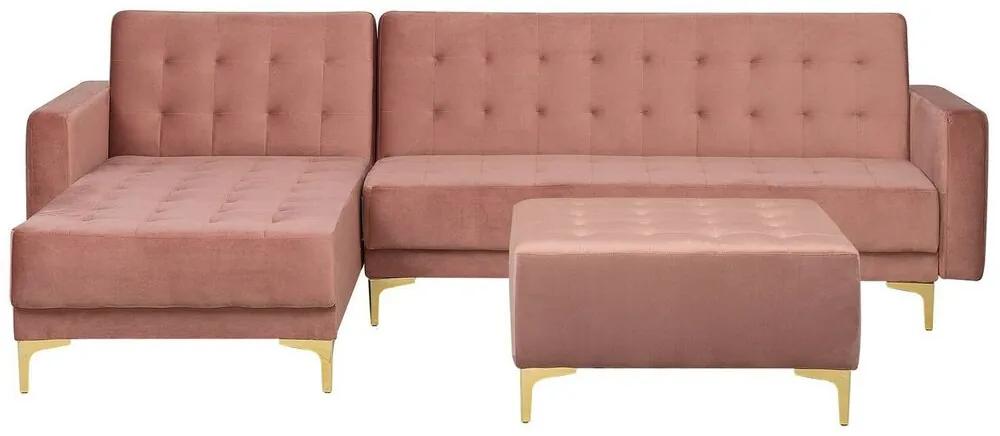 Sofá-cama de canto versão à direita de 4 lugares com repousa-pés em veludo rosa ABERDEEN Beliani
