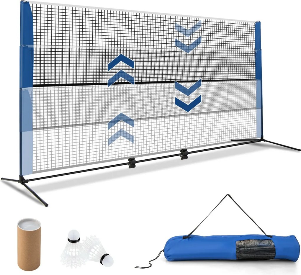 Conjunto de badminton com rede ajustável de 510 cm, 2 penas e bolsa de transporte, para uso em casa, no exterior, na praia e no jardim Azul e Preto