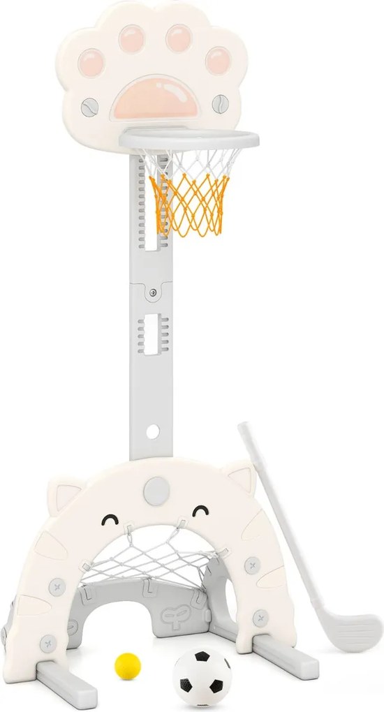 Cesto de basquetebol 3 em 1 para crianças a partir dos 3 anos com ajustável em altura com jogos de futebol e golfe  65 x 49 x 130-151 cm Bege