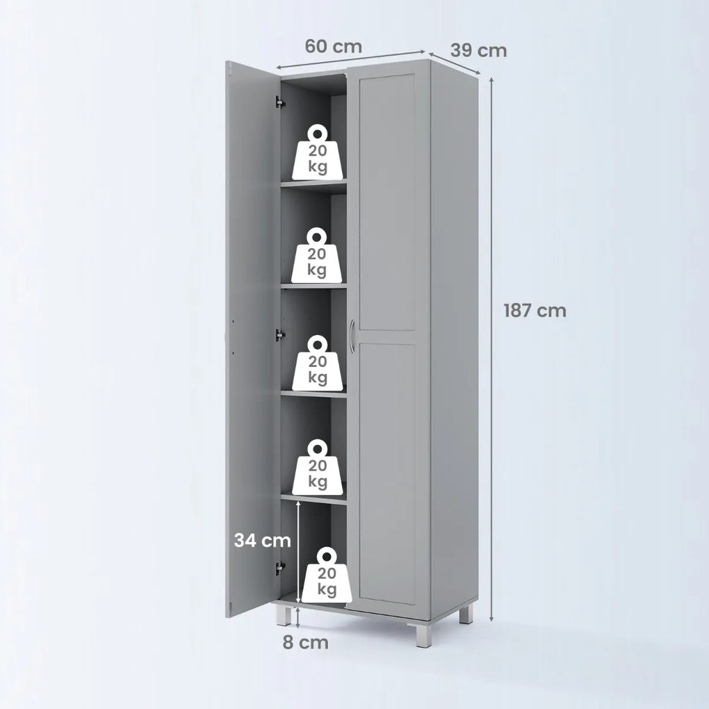 Armário alto de arrumação 61 x 39 x 187 cm com porta dupla, prateleiras ajustáveis e design anti-tombamento para cozinha, sala de estar e quarto – cin